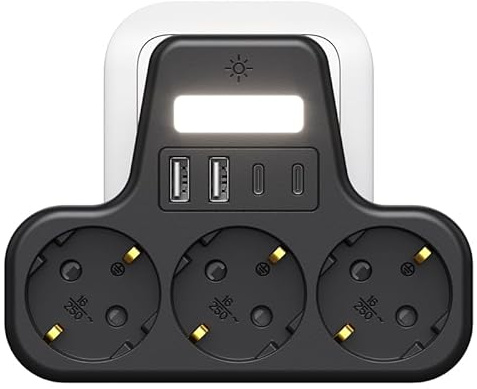 Multiprise murale 7 en 1 avec 2 ports USB C, 3 prises multiples avec LED, triple chargeur multiple 3680 W, multiprise murale pour bureau, noir
