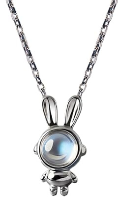 Niaspi Spaceman Halskette mit Hasen-Anhänger für Damen, Mädchen, Teenager, Edelstahl, hypoallergen, zierlicher Mondstein, Peter-Pan-Halsketten, niedliches Häschen, Tier, Ostern, Urlaub, Schmuck,