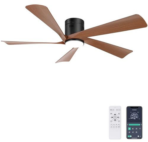 Ohniyou Ventilador de techo de 52 pulgadas con luces, Mando a distancia y APP Control, Ventiladores de techo empotrables para interior y exterior, Luz regulable, 6 velocidades, Reversible, Nogal