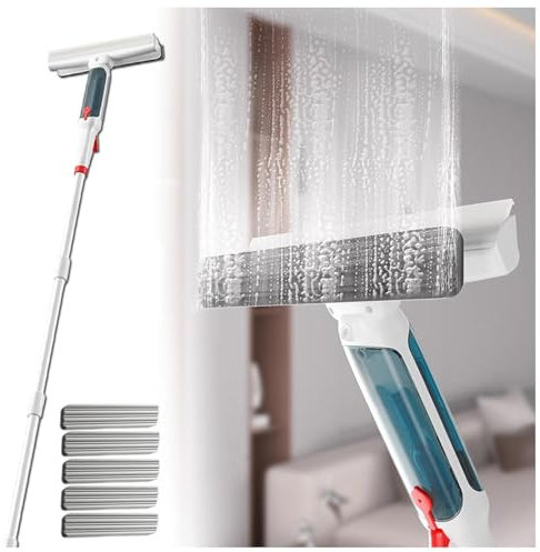HJXBD888 RYJYQYX 4 en 1 Spray Limpia Cristales con Varilla De Extensión, Limpiacristales con Colector De Aguas Residuales Y 5 Paños para Ventanas Altas Interior/Exterior