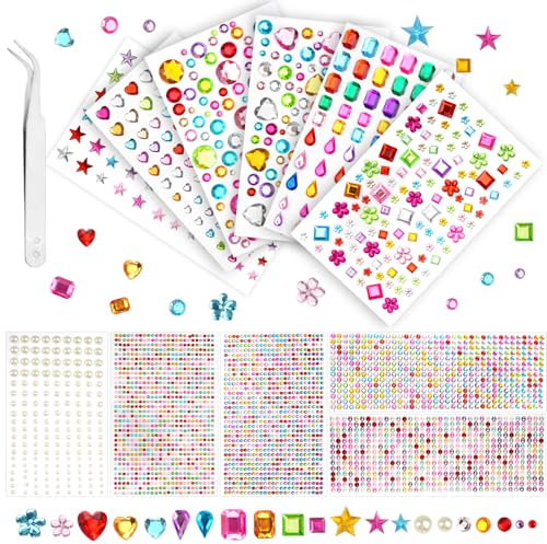 3500Pcs Book/Kindle Stickers/Gem Stickers, Self Adhesive Sticky Gems, Rhinestone Stickers with Tweezer, Colorful Stick on Gem for DIY Crafting (D-Gem Stickers)