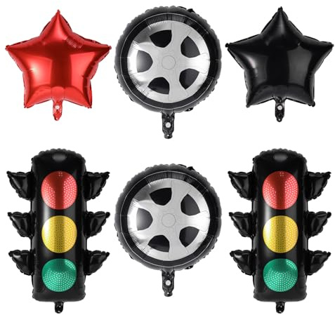 Lyreh 6stk Ampel Ballon, Aluminiumfolie Reifen Ballon Lebendig Rennwagen Party Deko Inkl Kontrollleuchte Reifen Sterne für Kinderfahrzeuge Rennwagen Monstertruck Geburtstagsparty Dekorationen