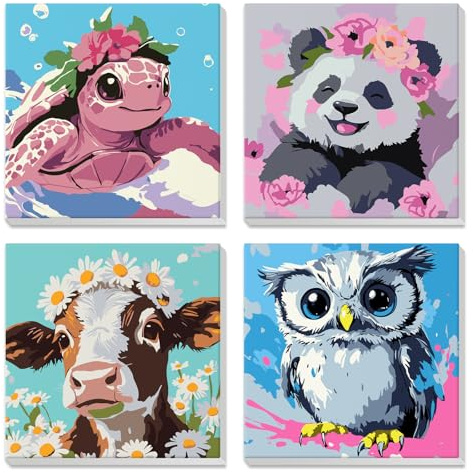 4 Pièces Peinture par Numéros Adulte, Tortue, panda, hibou, vache, Peinture par Numero enfant avec Cadre, Animaux, Kits de Peinture au Numéro Enfant 7 8 9 10 Ans, Décoration Salon Chambre 20x20 cm