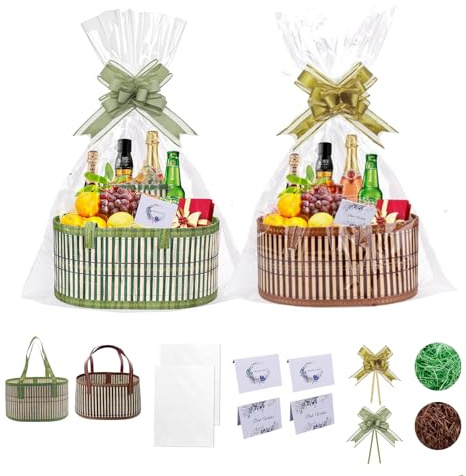 2 Pcs Gift Baskets Empty, Woven Bamboo Baskets, Clear Bags, Bows, Raffia & 4 Greeting Cards, Complete Set to Create for Father's Day, Wedding, Birthday, Baby Shower, Corporate Gifts (30×12×5 cm)