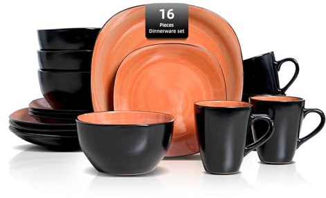 HomeVSS Square Dinner Set, 16 Piece Stoneware Set for 4, Ceramic Plates and Bowls Set with Mug, Dishwasher & Microwave Safe, Chip and Scratch Resistant,Swirl Orange and Black