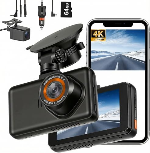 Dashcam Auto Vorne Hinten, 4K+1080P, 64 GB Speicherkarte, GPS Und WLAN UNT Erstützung, 24 Stunden Parküberwachung, 170° Weitwinkelobjektiv, Loop-Aufnahme, App-Steuerung, Max 128 GB