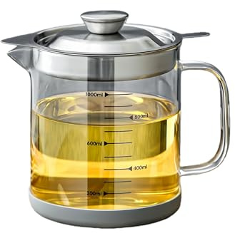 1L Grease Container Borosilicate Glass, Bacon Grease Saver with Fine Mesh Strainer with Measuring Marks Oil Container Grease Can with Dust-Proof Lid Non-Slip Base for Healthy Kitchen Oil Storage