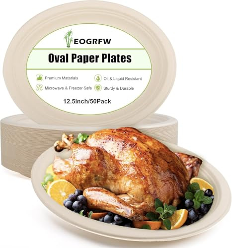 EOGRFW 50 Pack 12.5 Inch Oval Paper Plates, Brown | Heavy Duty Oval Paper Dinner Plates, Large Paper Plate for Party and Picnic, Compostable, Biodegradable, Thicken