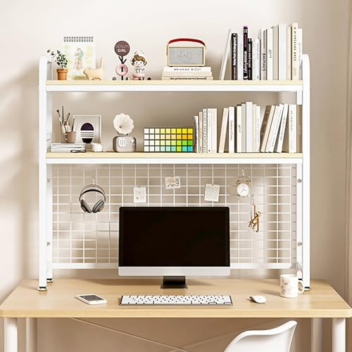 YUZINO 3 Tier Desk Shelf, 95cm Wide Desk Shelves Adjustable Height, Metal Frame & MDF Board Desks Hutch, Multipurpose Desktop Display Stand for Office Storage Organizer