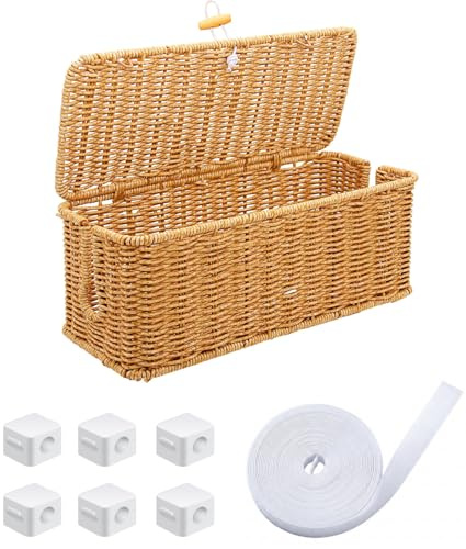 WODSTA Cable Tidy Box with 6 PCS Cable Clips and 1 PCS Cable Management | Rattan Cable Organizer with 2 Open Slots Tie Roll Tidies Away Messy Wires for 4 Gangs Sockets and Others