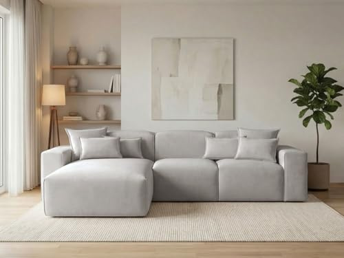 GRAINGOLD Leni Ecksofa 265x180 cm, L-Form Sofa, Ecksofa für Wohnzimmer, Geflechtstoff, 3-Sitzer Eckcouch, Modernes Design (Grau, Links)