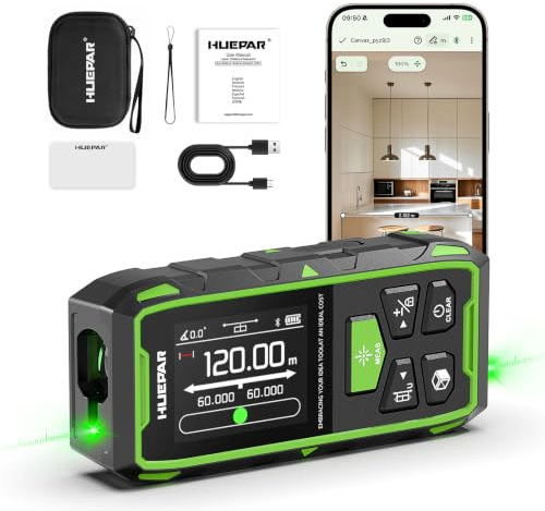 Huepar Telemetro Laser a Doppio Capo da 120 Metri con Bluetooth | Telemetro Laser Verde con Display LCD Retroilluminato, Misura Distanza, Superficie, Volume e Supporta la Modalità Pitagorica