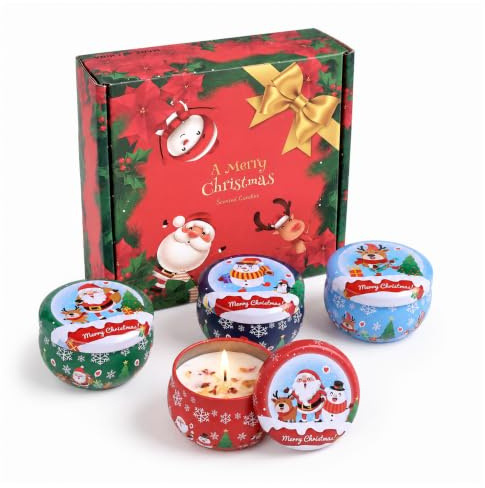 Weihnachtskerzen Geschenkset – 4er duftkerze weihnachten Set Sojawachskerzen mit Trockenblumen – Zimt Apfel, Glühwein Blüten, Zedernholz & Lebkuchen – Winterliche Raumdüfte Geschenkset