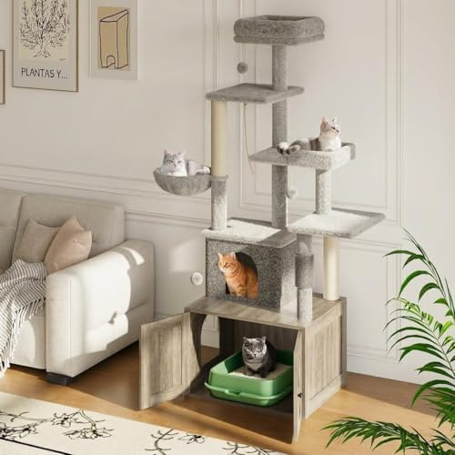 Aptliton 2-in-1 Wooden Cat Tree with Hidden Litter Box Enclosure, Multi Level Cat Tower Featuring Hammock, Top Perch, Scratching Posts and Interactive Toys for Large Indoor Cats