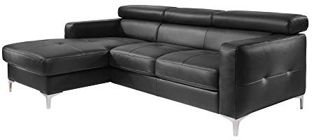 Mivano Ecksofa Sammy, Eckcouch in Lederoptik mit verstellbaren Kopfstützen und moderner Steppung, 227 x 74 x 187, Lederimitat, schwarz