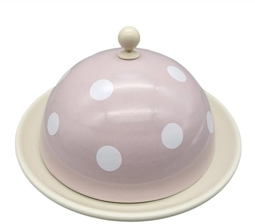 linoows Emaille Käseglocke, Runde Nostalgie Speiseglocke mit Teller, Tupfen Rosa- Weiß