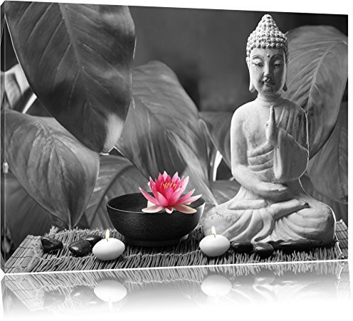 Pixxprint Buddha mit Seerose B&W, Größe: 60x40cm, Leinwandbild, fertig gespannt, Wandbild, Dekoration, Kunstdruck, kein Poster