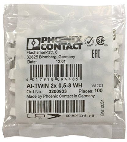 PHOENIX CONTACT AI-TWIN 2X 0.5-8 WH Aderendhülse, 8mm Hülsenlänge, 15mm Länge, Weiß, 100 Stück