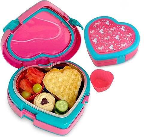 kinsho Einhorn Edelstahl Lunchbox für Kleinkind Mädchen mit Teller Silikon Tasse Auslaufsicher Bento Snack Container für Kindertagesstätte Vorschule Mahlzeitbehälter Rosa Herz