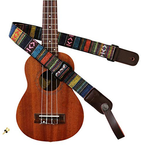 MUSIC FIRST Klassischer Ukulelengurt im Landhausstil, weicher garngefärbter Stoff und echtes Leder, Ukulelen-Schultergurt, Version 2.0, mit einem Echtlederriemen-Schließfach
