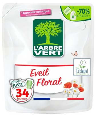 L'Arbre Vert Recharge Lessive Ecolabel Eveil Floral - Hypoallergénique - 34 Lavages - 94% d'ingrédients d'origine naturelle - 1,53L