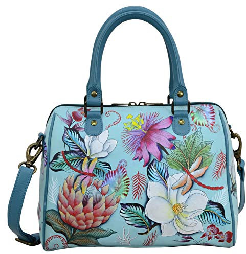 Anuschka Handbemalte Satchel Umhängetasche mit Reissverschluss aus echtem Leder - Jardin Bleu