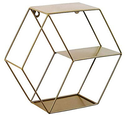 Cratone Hexagon Wandregal Geometrische Metall Schwimmendes Regal mit 4 Böden Wandhalterung Hängeregal Sechseck Gewürzregal für Küchen Wohnzimmer Schlafzimmer,Gold