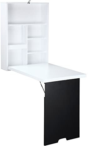 HOMCOM Bureau Mural Pliable Table Murale Rabattable Suspendue sur Pied étagère + Tableau à Craie intégré MDF Blanc Pour Travail, Contemporain, 60x94x147cm