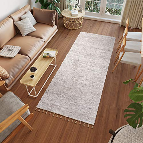 TAPISO Versay Fransen Teppich Läufer Shaggy Hochflor Langflor Modern Einfarbig Design Hellgrau Wohnzimmer Schlafzimmer Küche ÖKOTEX 100 x 250 cm