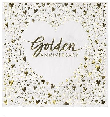Anniversary House Golden 50th Anniversary Lunch Napkins | Pack of 16 | 3 ply | 33 x 33cm | Foil Stamped | Table Decoration, Golden Anniversary Decoration, Disposable Party Serviettes Napkins, J044