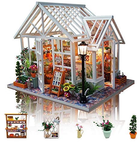 GuDoQi DIY Puppenhaus Miniatur Kit, 3D Hölzernes Puppenhaus Bausatz mit Möbeln und Musik und LED-Licht, Handwerk Miniatur Modellbausätze für Frauen und Sammler, Schöner Blumenladen