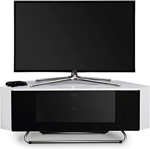 Homeology Hampshire Corner-Friendly Gloss White with Black Contrast Beam-Thru Remote Friendly Door 26-50 Flat Screen TV Cabinet