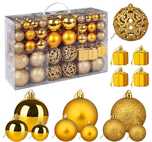 Homewit 105-teilig Weihnachtskugeln Weihnachtsdeko Set, weihnachtsbaumanhänger Weihnachtsbaumschmuck Set in Gold, Kunststoff Weihnachtsbaumkugeln mit Aufhänger Plastik Christbaumkugeln, Mehrweg