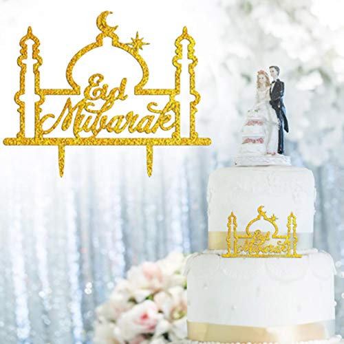 Kbsin212 Eid Mubarak Ramadan Hochzeit Kuchen Topper Acryl Kuchenaufsätze Dekoration Muslim Islam Hajj Dekoration Handwerk Für Hochzeitstorten, Muslimische Feier, Golden, Ca. 15 X 13 cm