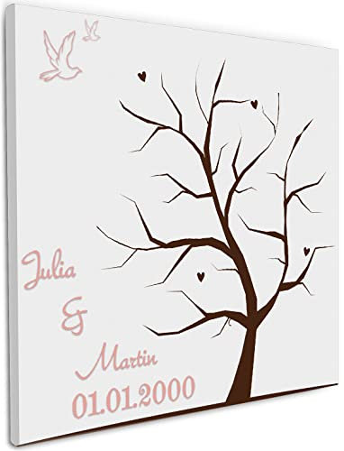 Wallario Leinwandbild Hochzeitsbaum zum selbst gestalten + Wunschname und Datum - Wandbild 50 x 50 cm: Kunstdruck | Brillante lichtechte Farben | hochauflösend | verzugsfrei