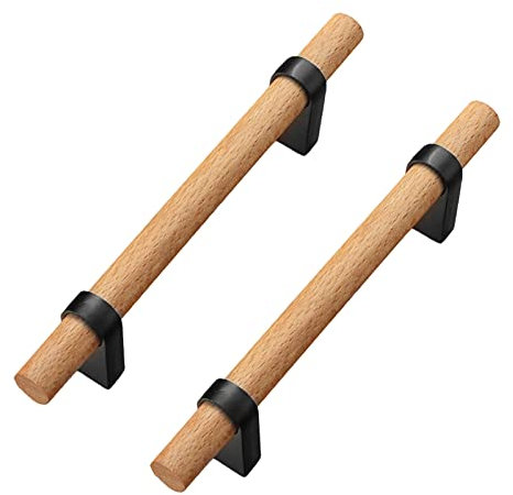 2 Stücke Natürliche Holzgriffe Buche Basis aus massiver Zinklegierung Bücherregale knöpfe Schubladengriffe für Schrank,Schuhkasten,Kleiderschränke,Kommoden,Nachttische (Hole distance 128mm)