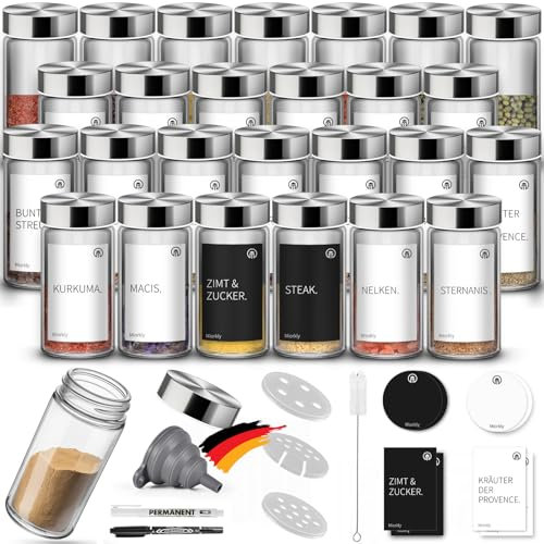 Miorkly 30 Gewürz Organizer-Hochwertiger Edelstahldeckel Gewürzstreuer, Runder Gewürzdosen, Transparenter Gewürzbehälter, Gewürze Set Kitchen Storage & Organisation…