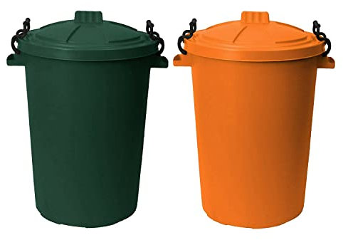Set Of 2: 50 Litre Clip Lock Storage Bins - Large Heavy Duty Plastic Kitchen Waste Rubbish & Garden Compost Bin - Made in UK. (Orange, Dark Green)