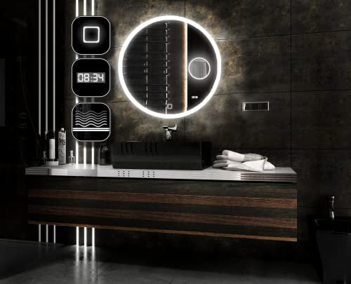 Badspiegeldesign - Badspiegel mit Beleuchtung LED Radlux 100 cm, Runder Badezimmerspiegel mit Beleuchtung, Wandspiegel mit LED, Touch-Schalter, Schminkspiegel Kosmetikspiegel (5-Fach) und Uhr