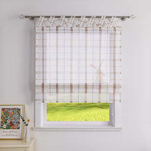 CORLIF Raffrollo mit V-Schlaufen Transparente Raffgardinen Kariert Schlaufenrollo Landhaus Rollos Küche mit Karo Muster Kurze Fenster Gardine Plaid B/H 60/140 cm,Rot
