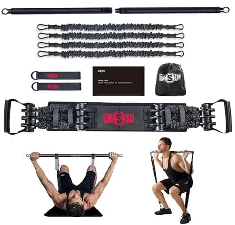 INNSTAR Portable Home Gym Set with Workout Bar, Bench Press Set, Squat Resistance Band, Door Anchor and More-Full Body Workout Equipment to Build Muscle and Shape Body(Black-200lbs)