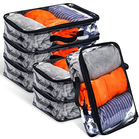 6 Pieces Large Clear Travel Packing Cube Clear Vinyl Zippered Storage Bags See Through Moving Bag PVC Multipurpose Pouch with Handle for Suitcase Shirts Dress Storage (Black, 15.8 x 10.2 x 3.9 Inch)