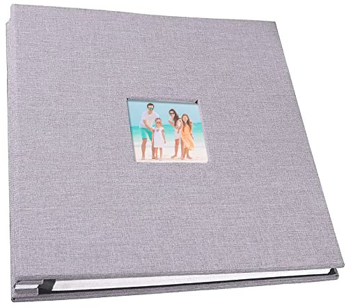AKOFIC Selbstklebende Fotoalbum, 28x27 cm Großes Leinen Einsteckalbum mit 40 Weißen Seiten und Fensterausschnitt, Photo Album zum Selbstgestalten für 4 x 6 zoll oder 8 x 10 zoll Foto (Grau)