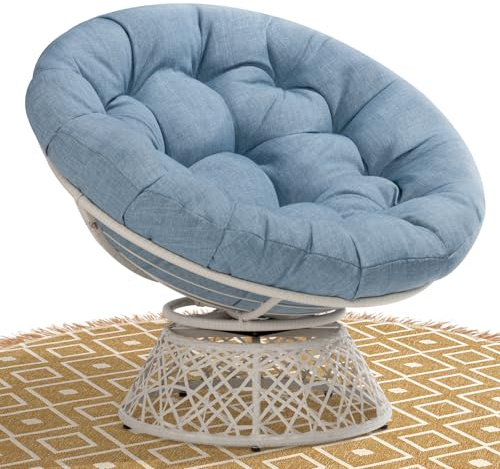 Bme 40 Ergonomic Wicker Papasan Chair with Soft Thick Density Fabric Cushion, High Capacity Steel Frame, 360 Degree Swivel for Living, Bedroom, Reading Room, Lounge, Serene Oasis - White Base