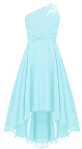 Aislor Enfant Fille Robe de Princesse Cocktail Une Épaule Strass Robes de Cérémonie Fete Carnaval Fille Robe de Demoiselle d'honneur Chic Bleu Clair 11-12 Ans