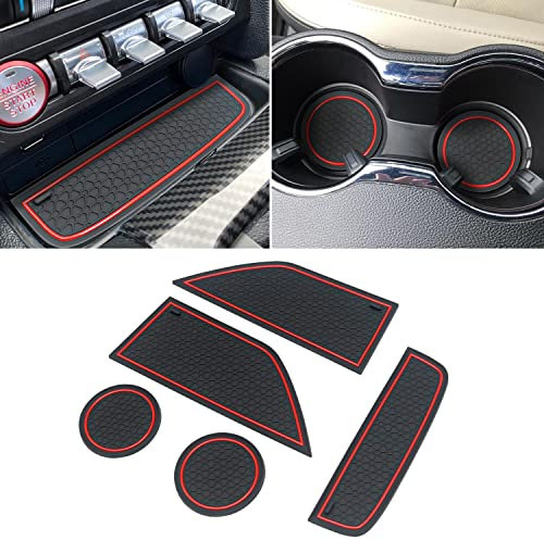 KENTUTO for Ford Mustang Accessories 2015-2023, Custom Fit Cup Holder Liners, Anti Dust Mats and Door Pockets Rubber Inserts Pad Mat Kit (Red