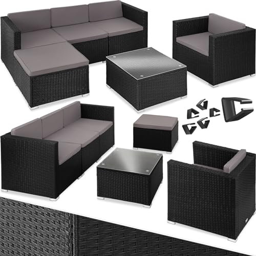 TecTake® Conjunto Jardín Combinable en Ratán y Acero de 6 plazas, Conjunto Terraza Resistente a la Intemperie, Muebles Jardín Exterior 4 Sillones, 1 Mesa Cristal, 1 Taburete, Fundas Extraíbles - Negro