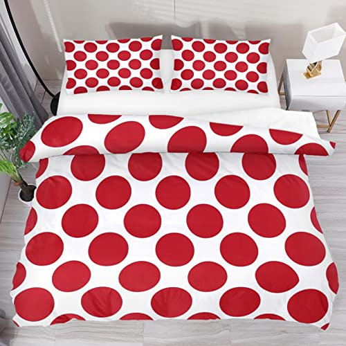 Bettwäsche-Set für Einzelbett, gepunktet, rot-weiß, weicher Tencel-Bettbezug, Bettwäsche-Sets für Kinder, Jungen, Mädchen, 3-teilig mit 2 Kissenbezügen, Reißverschluss