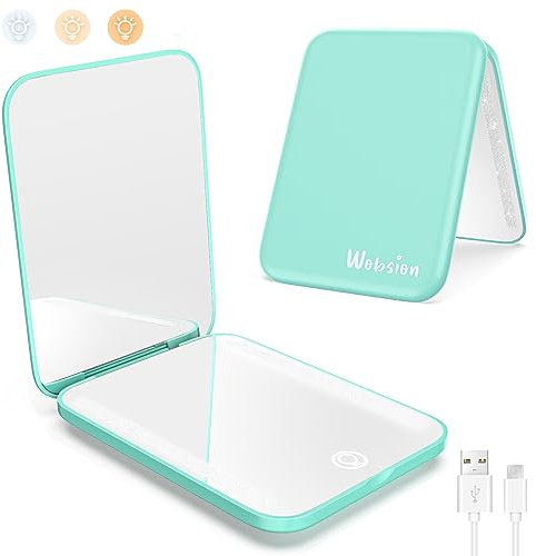 WOBSION LED Spiegel mit 1X / 3X Vergrößerung,USB Wiederaufladbar Faltbarer Reisespiegel mit Licht Dimmbarer,Tragbarer Taschenspiegel für Reise und Makeup,Kleiner Handspiegel als Geschenk,Grün