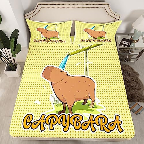 Capybara Spannbettlaken 140x200x30,Wasser Dusche Bettwäsche, Nette Cartoon Tier Bambus Bettwäsche,Kawaii Lustige Wildlife Nagetier Grün Gelb Polka Dots Zimmer Dekor Bett Set für Kinder Jungen Mädchen